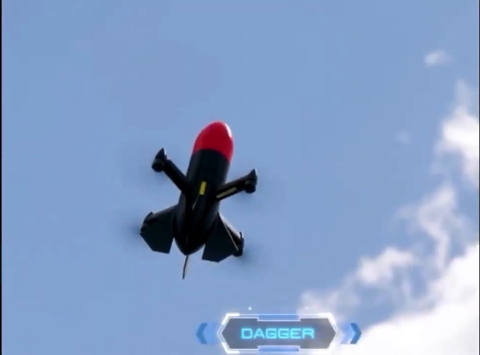 Still frame from the DaggerOS demonstration reel: an uncrewed aircraft banking against a clear sky, held on the operator picture.